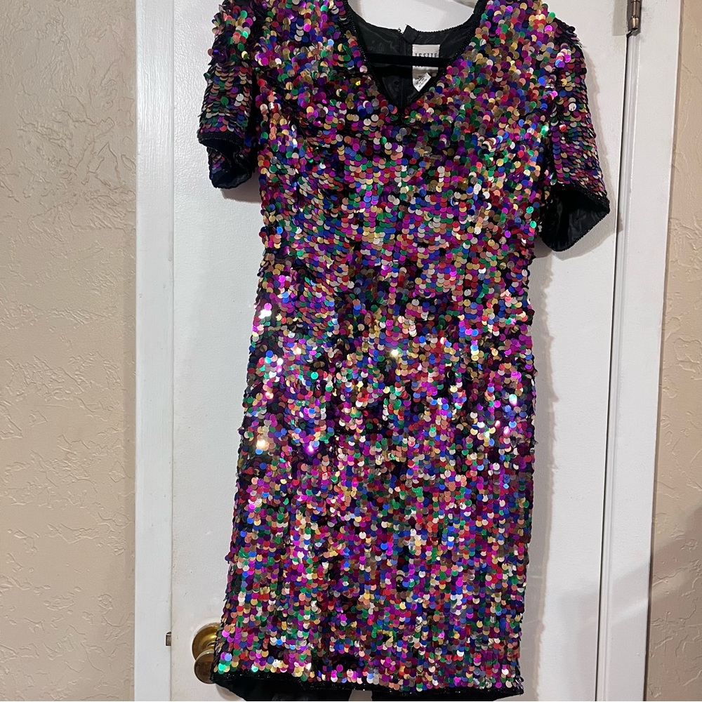 Leslie Fay 100% Silk Women's 6 Colorful Sequin Short-Sleeved Evening Party Dress